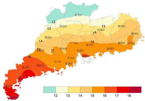 广东省常年同期(2月3 -17日)平均气温分布.来源:广东省气候中心