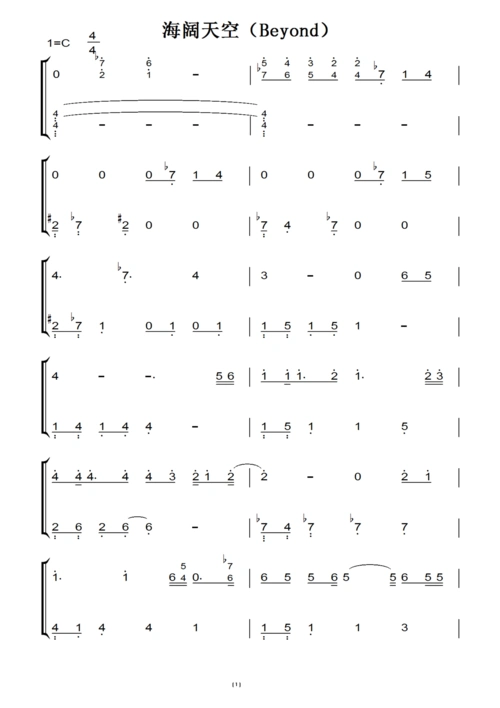 海阔天空(beyond)转c调 初学者演奏版 钢琴双手简谱 钢琴谱 钢琴简谱