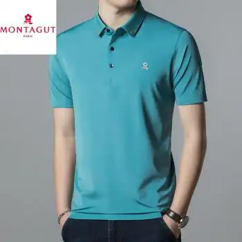 梦特娇montagut法国高端品牌官网桑蚕丝短袖t恤男中年翻领夏季常规