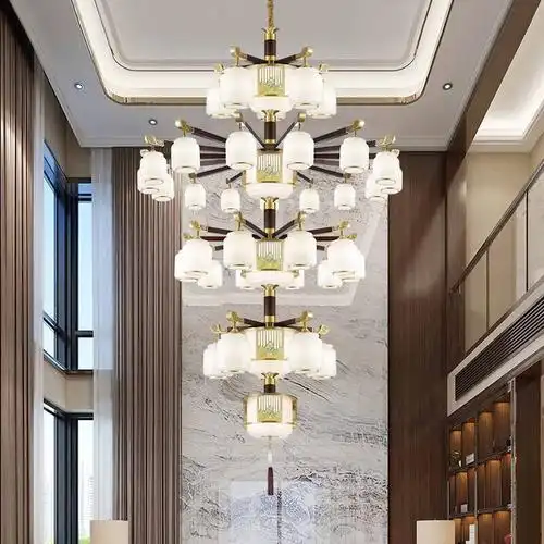 澳松别墅客厅复式楼大吊灯中空楼梯新中式红木全铜酒店餐厅灯罩朝下灯