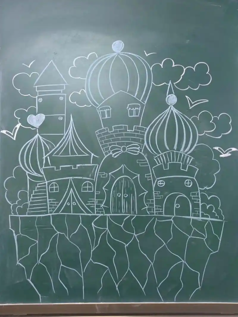 小学美术黑板粉笔画|儿童简笔画|城堡 #小学美术# #黑板画# #粉笔画