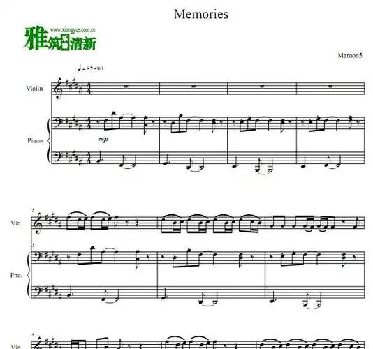 maroon5魔力红memories小提琴钢琴二重奏谱