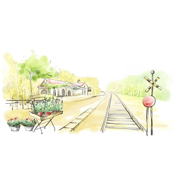 手绘清新火车路旁的小村庄插画
