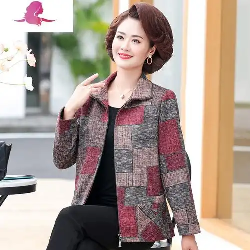 艳如飞妈妈春装外套50岁洋气中年女装春秋翻领夹克衫大码女士短款上衣