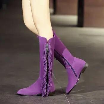 苏流靴长筒女靴子 欧美牛翻皮平底平跟防滑高筒靴过膝靴订做大码 紫色