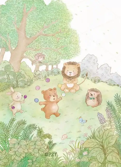 森林里的聚会小熊小狮子小兔子和刺猬