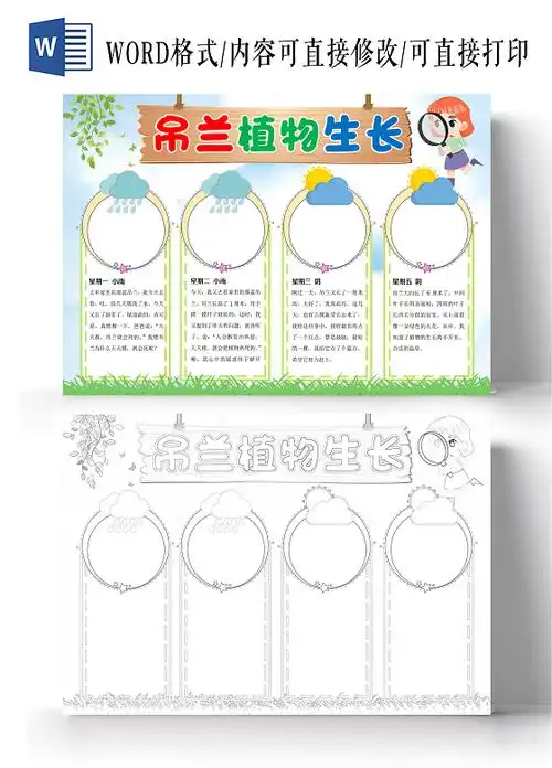 观察日记小学生手抄报小报多肉植物生长绿色卡通春天植物生长记录小报