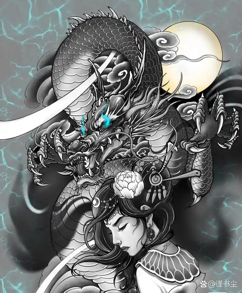 龙姬纹身图案手稿 龙姬纹身图案/花臂大臂小臂/花腿大腿小腿纹身脚背