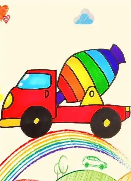 我的超萌简笔画  :水泥搅拌车画成彩虹色的,你们喜欢吗?