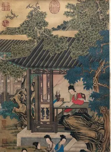 明代仇英绘人物"仕女图"绢本设色立轴,宽48厘米,高68厘米,3平尺.