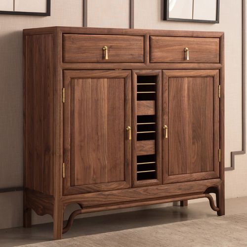 新中式全实木两门鞋柜黑胡桃木玄关柜餐边柜收纳柜现代简约鞋架