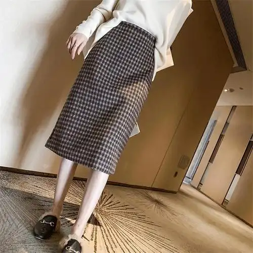 备注:2021大码秋冬新款复古格子中长裙毛呢半身裙包臀a字裙2909