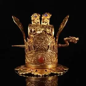 珍藏收唐鎏金发冠 雕刻鎏真金发冠发簪一顶 重489克   高13厘米  宽