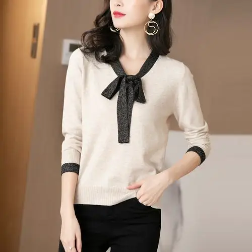 春季打底衫女士洋气2020新款宽松系带上衣长袖针织衫外穿薄款毛衣