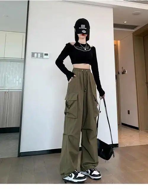 美式速干工装裤女夏季薄款高腰宽松抽绳束脚运动休闲阔腿裤#2131 - 17