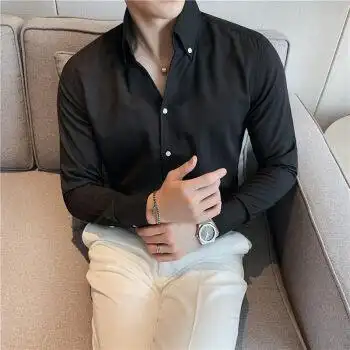 衬衫男痞帅长袖休闲立领衬衣韩版修身帅气西装内搭打底衫黑色常规款