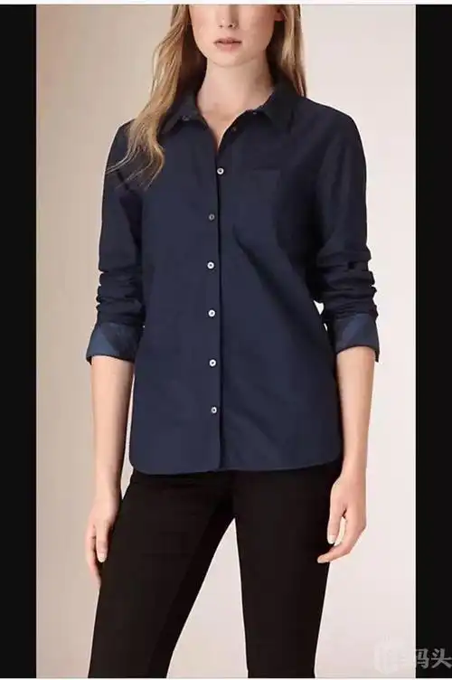 女装 衬衫 burberry 巴宝莉女衬衣 藏蓝色全棉胸口马标 领口袖口有