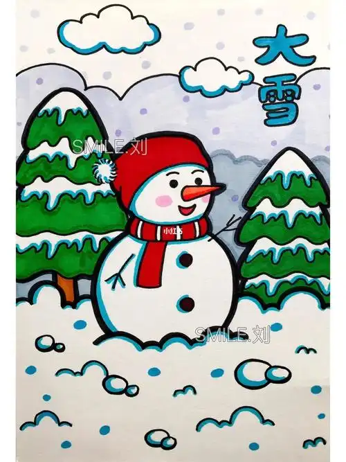 幼儿园雪人简笔画/大雪节气主题儿童画