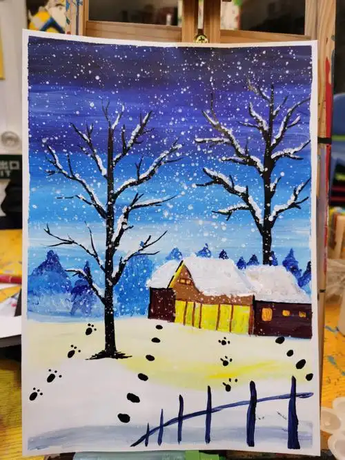 水粉冬天雪景