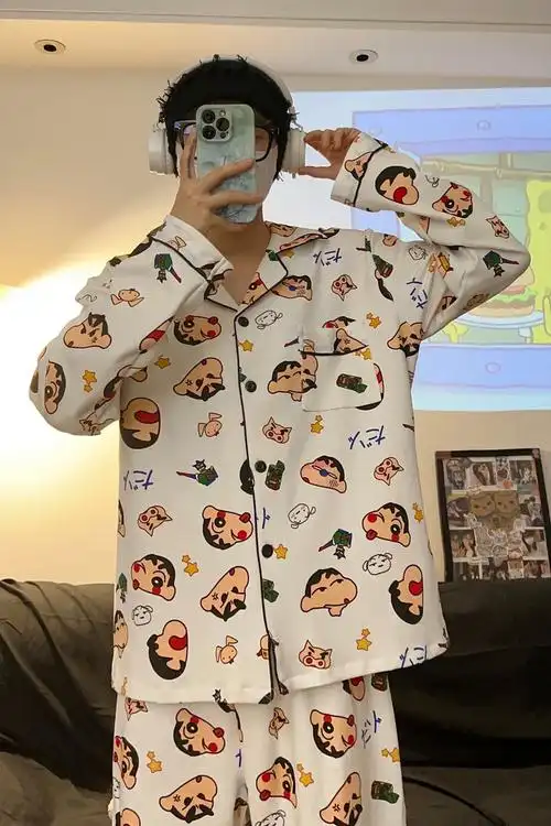 【仿棉】情侣睡衣女卡通白色蜡笔小新春秋长袖男纯棉宽松家居服套装