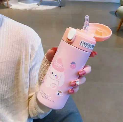 【直发】韩版保温杯女可爱带吸管式水杯情侣大人儿童少女心ins高颜值