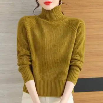tezimyt高领毛衣女100纯羊毛衫加厚短款冬季新款韩版宽松减龄针织秋黄