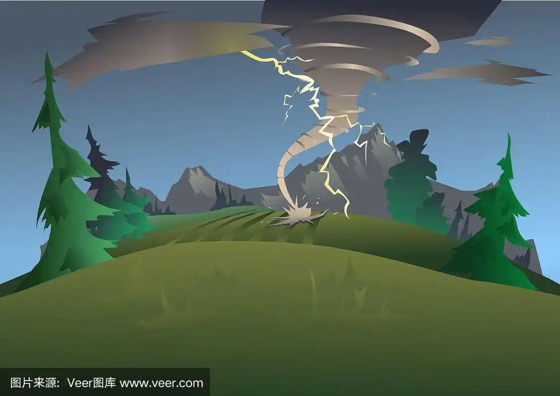 恶劣天气下的山地景观.龙卷风,飓风和闪电.矢量插图.