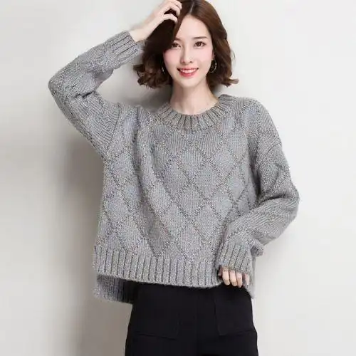 粗线毛衣春秋2017新款套头女宽松短款韩版秋冬长袖百搭针织打底衫