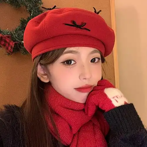 毛呢贝雷帽红色蝴蝶结女秋冬季2023新款复古新年画家帽显脸小帽子