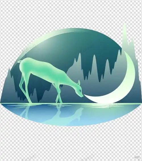 手绘月下仙鹿饮水元素