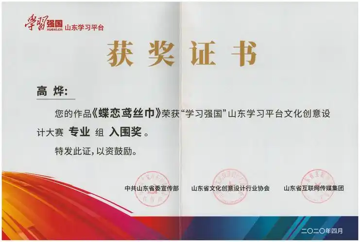 山东省学习强国文化创意设计大赛获奖证书