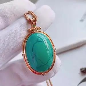 天然原矿高瓷绿松石光面吊坠18k金精致镶嵌坠子女饰品