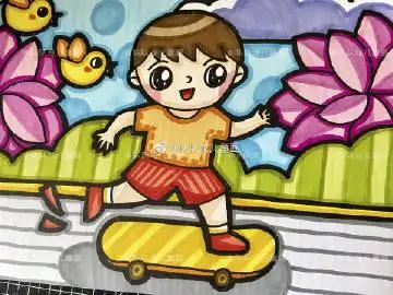 今天的人物玩耍的动态儿童画滑板少年 儿童画素材简笔画儿童画