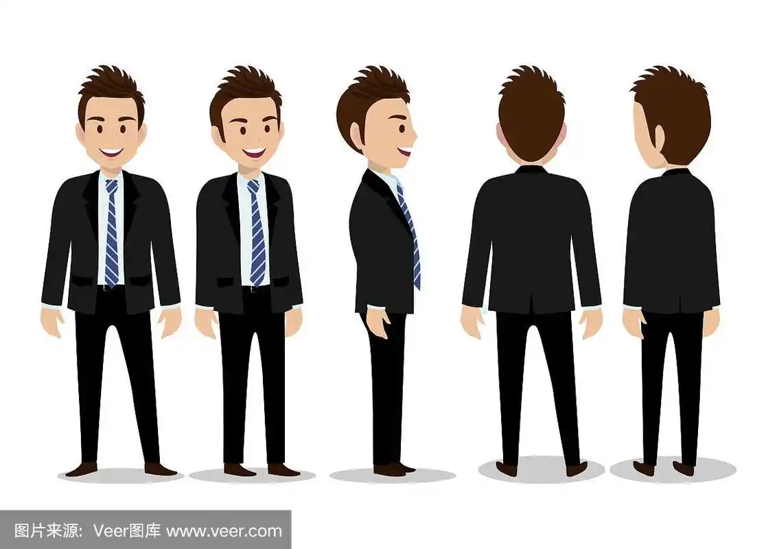 卡通人物与商人西装为动画.正面,侧面,背面,3/4视图字符.