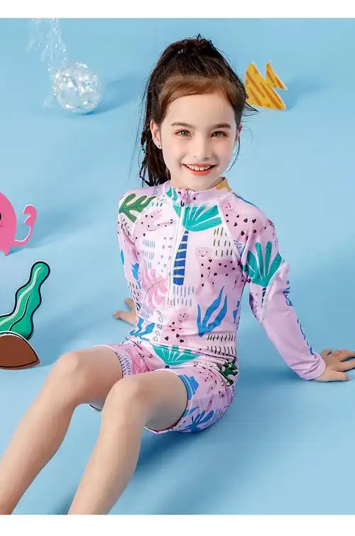 361度儿童泳衣女中大童长袖防晒连体泳衣可爱宝宝泳装粉红色8码建议