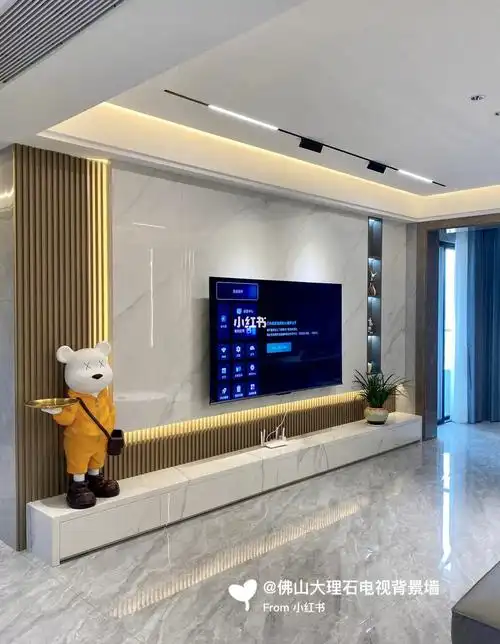 悬空大理石或岩板77实木格栅77实木柜77大理石地台电视背景墙