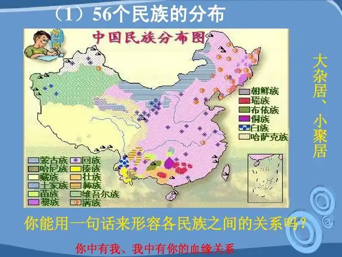 (1)56个民族的分布 大 杂 居 , 小 聚 居 你能用一句话来形容各民族