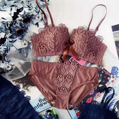 蕾丝文胸套装复古性感深v聚拢无钢圈镂空鸡心绑带蝴蝶结少女内衣