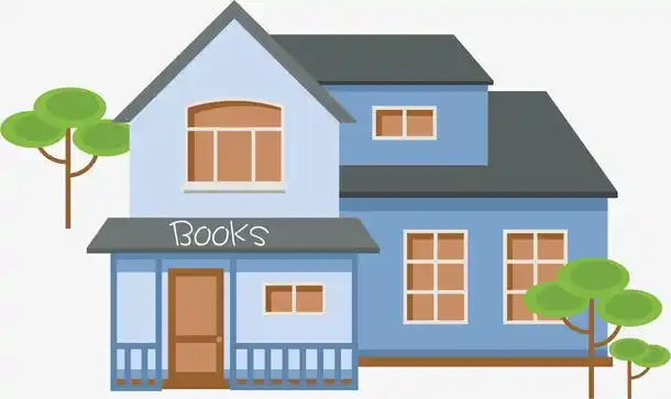 蓝色树木卡通书店