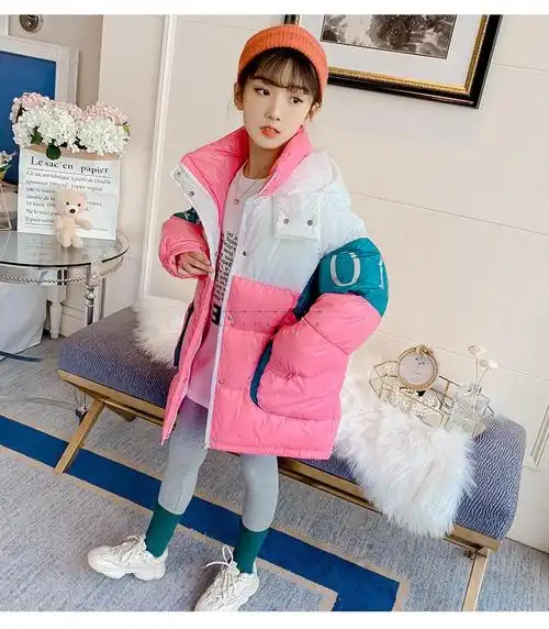 童装女童棉衣2021新款中大童时尚小女孩洋气棉衣外套冬装女童撞色亮皮