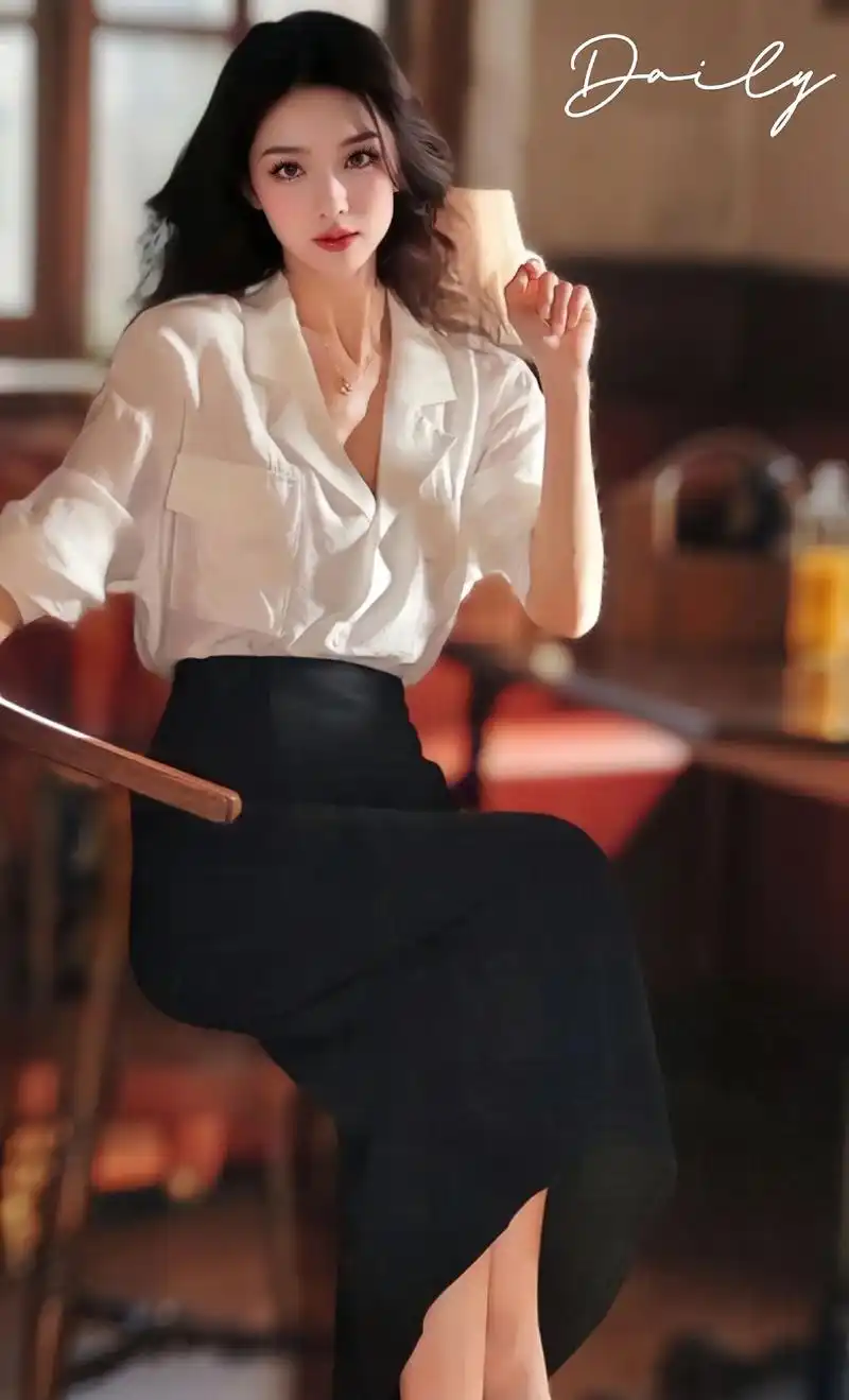 优雅知性又有女人味的一套穿搭,法式宽松衬衫搭配高腰半身裙