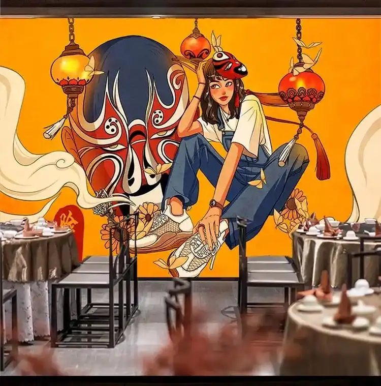 火锅店自粘墙贴国潮背景烧烤墙面壁画贴画中国风饭店装饰贴纸墙纸