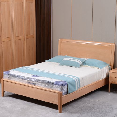 榉木实木床双人婚床工厂直销原木色木头质1.8米1.5中式北欧高箱床