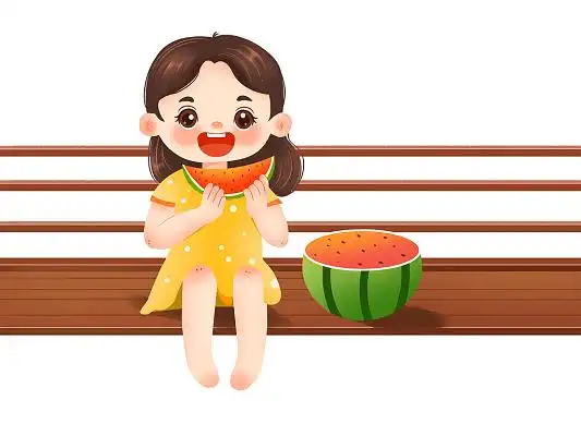 彩色手绘卡通夏天女孩吃西瓜矢量元素png素材
