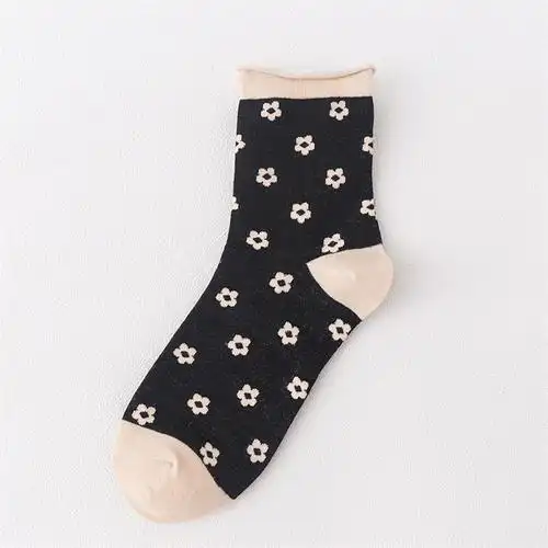 22新品袜子女卷边小花袜子日系 ins潮中筒袜甜美学生百搭袜