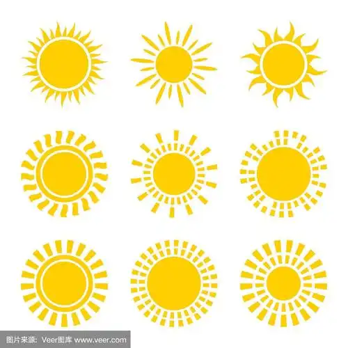 一套黄色的太阳图标符号孤立在白色