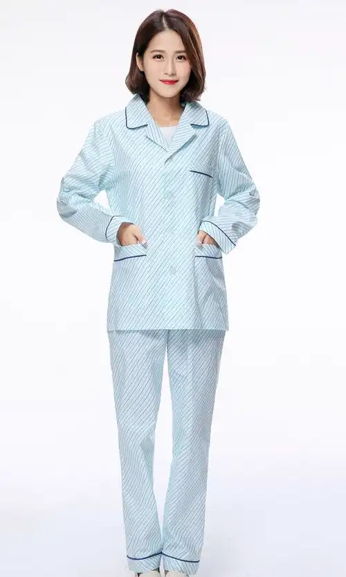 医缘病号服护理服宽松大码分体套装长袖女款可绣字纯棉女绿斜条l