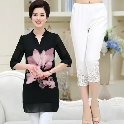 中老年女装夏季两件套2017新款上衣40岁中年人妇女50妈妈夏装套装粉色