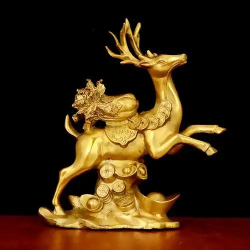 风水阁招财财鹿铜鹿摆件纯铜一对铜钱元宝白菜摆件