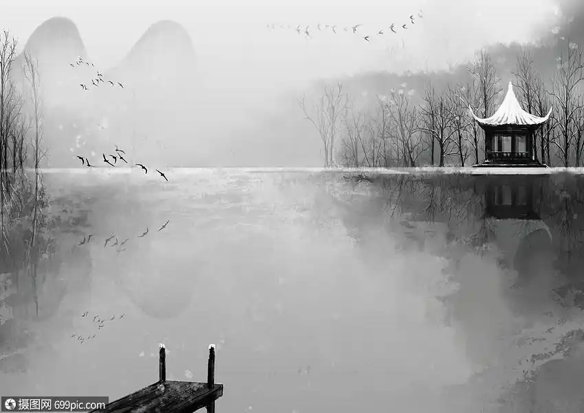 冬景雪景插画古风亭台楼阁